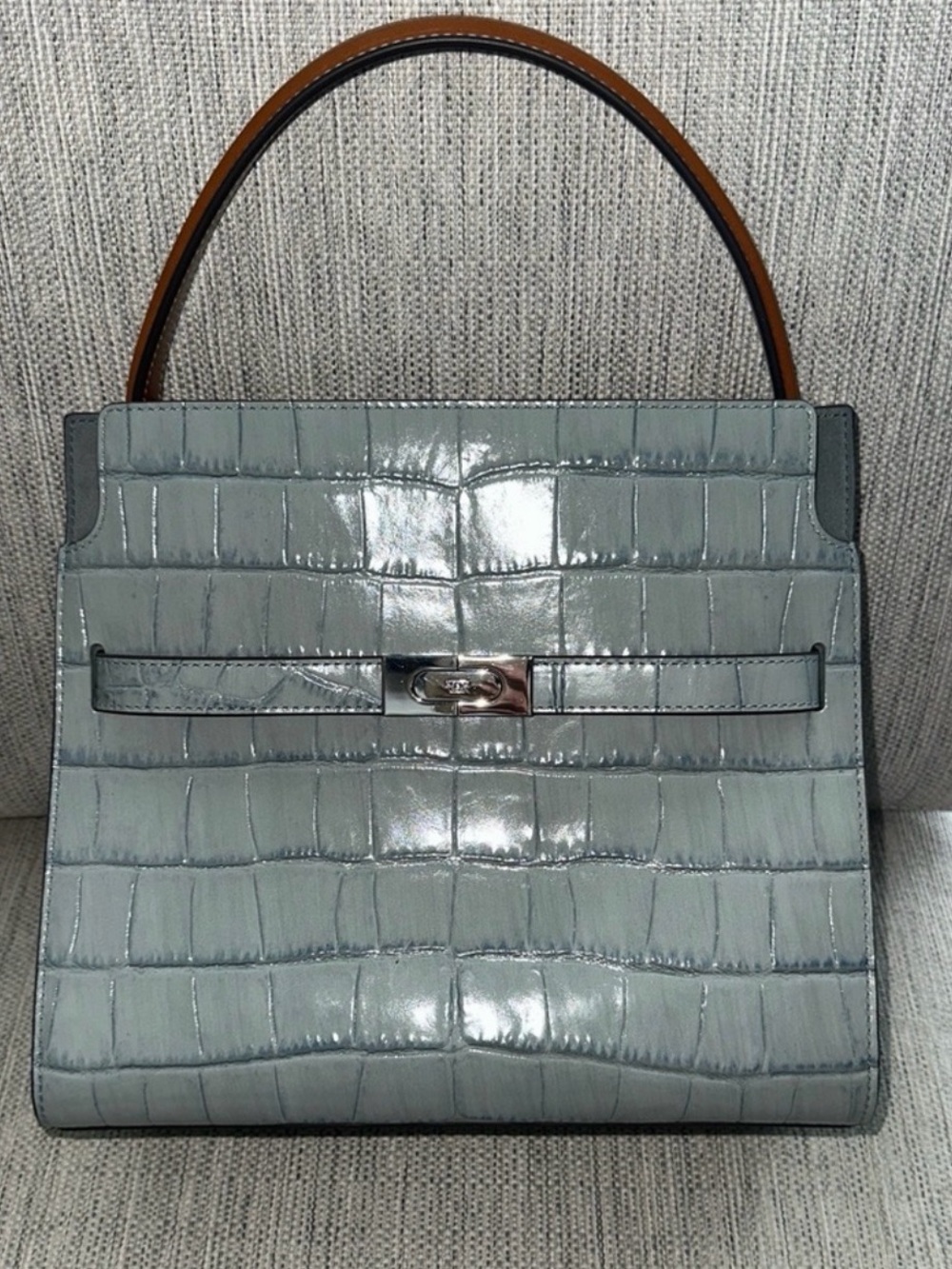 Tory Burch Lee Radziwill Croc-Embossed Top-Handle Blue Bag